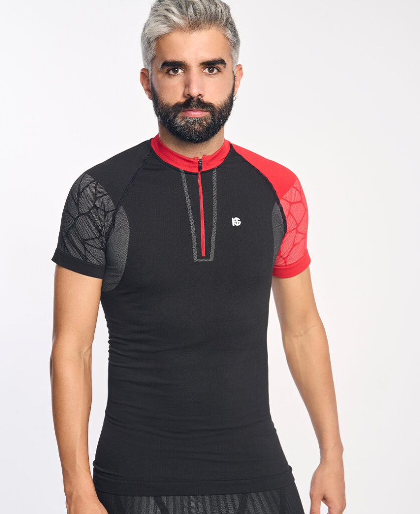 PRO TEAM Camiseta de manga corta con fibra de carbono negro y rojo