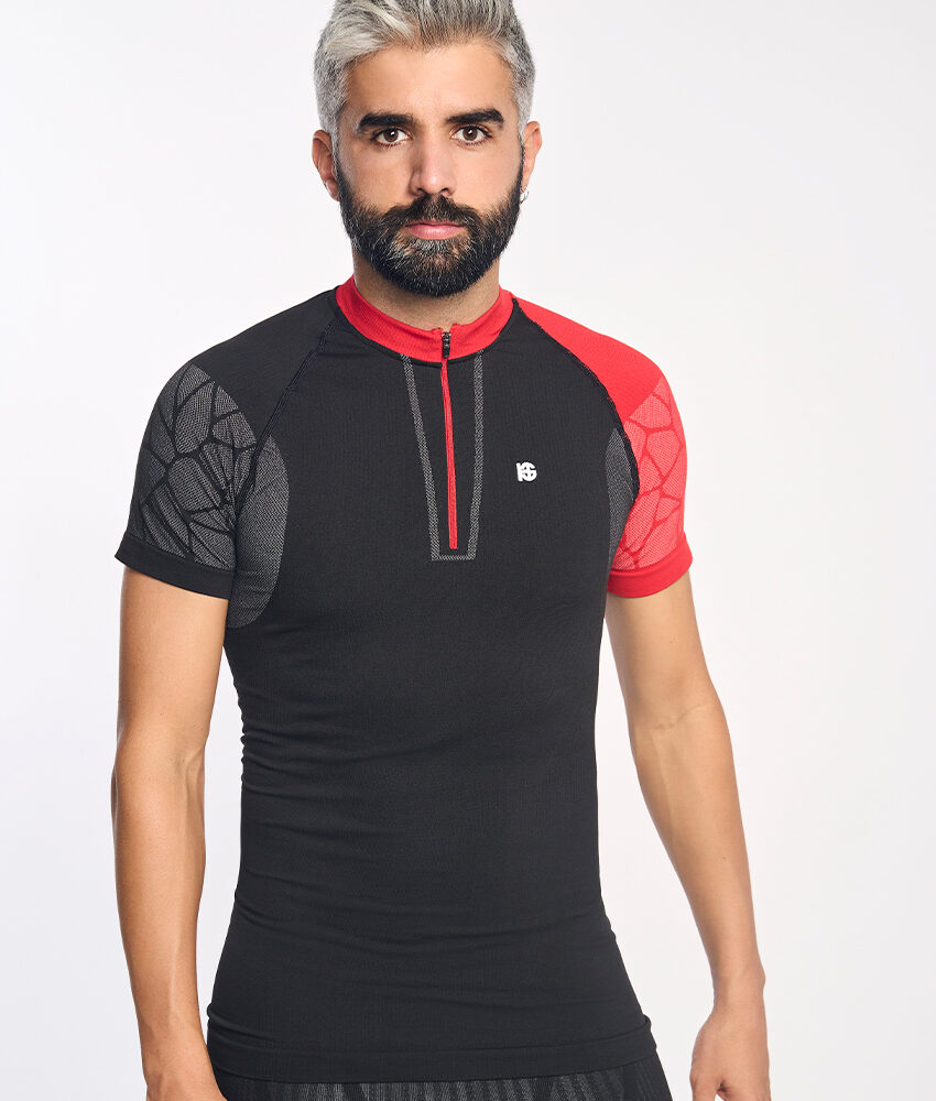 PRO TEAM Camiseta de manga corta con fibra de carbono negro y rojo